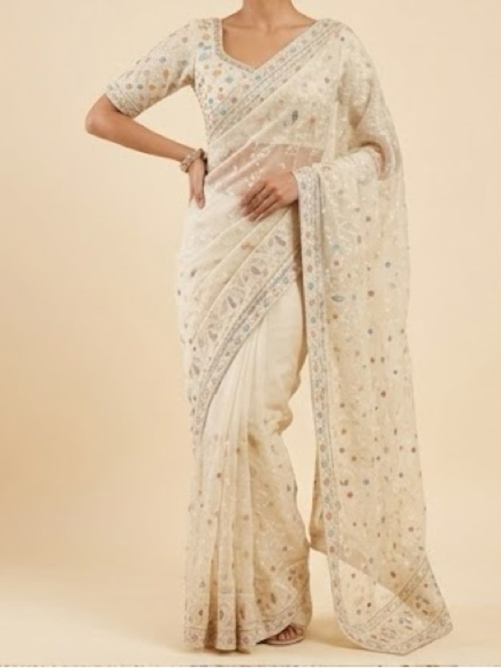New Elegant Ivory Saree with Pastel Embroidery with unstitched blouse